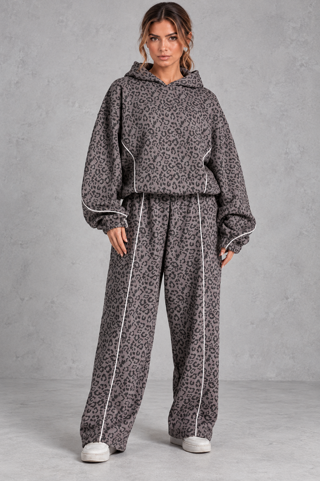 Women's dark grey leopard print hoodie and wide leg jogger set – front view