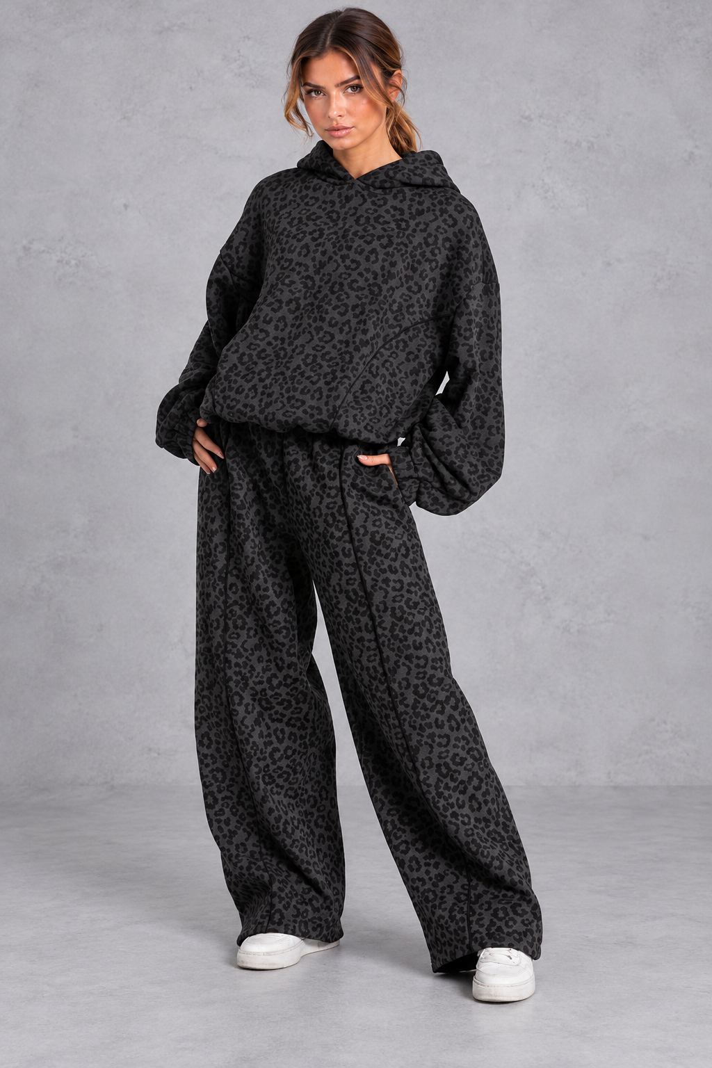 Women's black leopard print hoodie and wide leg jogger set – front view with tonal piping