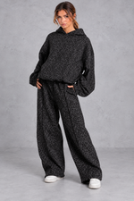 Women's black leopard print hoodie and wide leg jogger set – front view with tonal piping