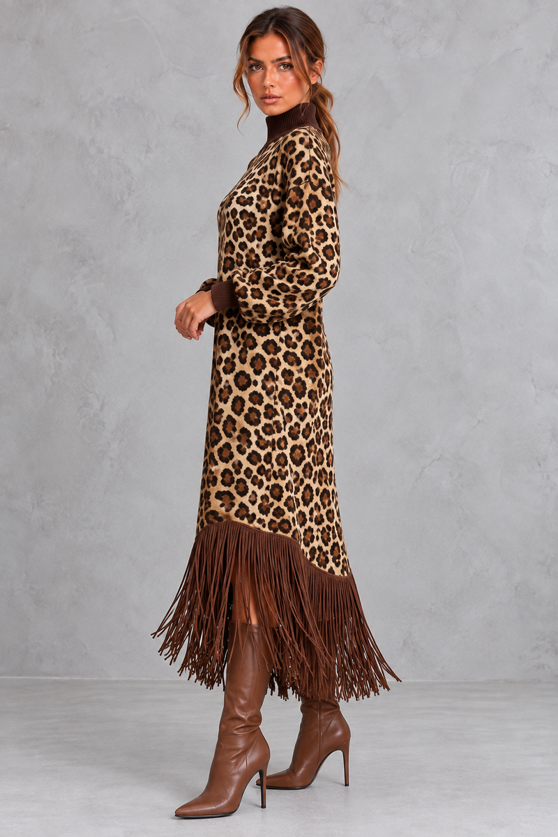 Women’s leopard print boho maxi dress with a high neckline, long sleeves, relaxed A-line silhouette, practical pockets and tassel-trimmed hem.