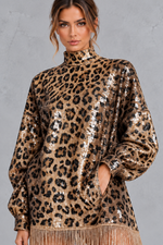 Women’s leopard sequin tassel mini dress with sparkling embellishment and fringed hem – image 3