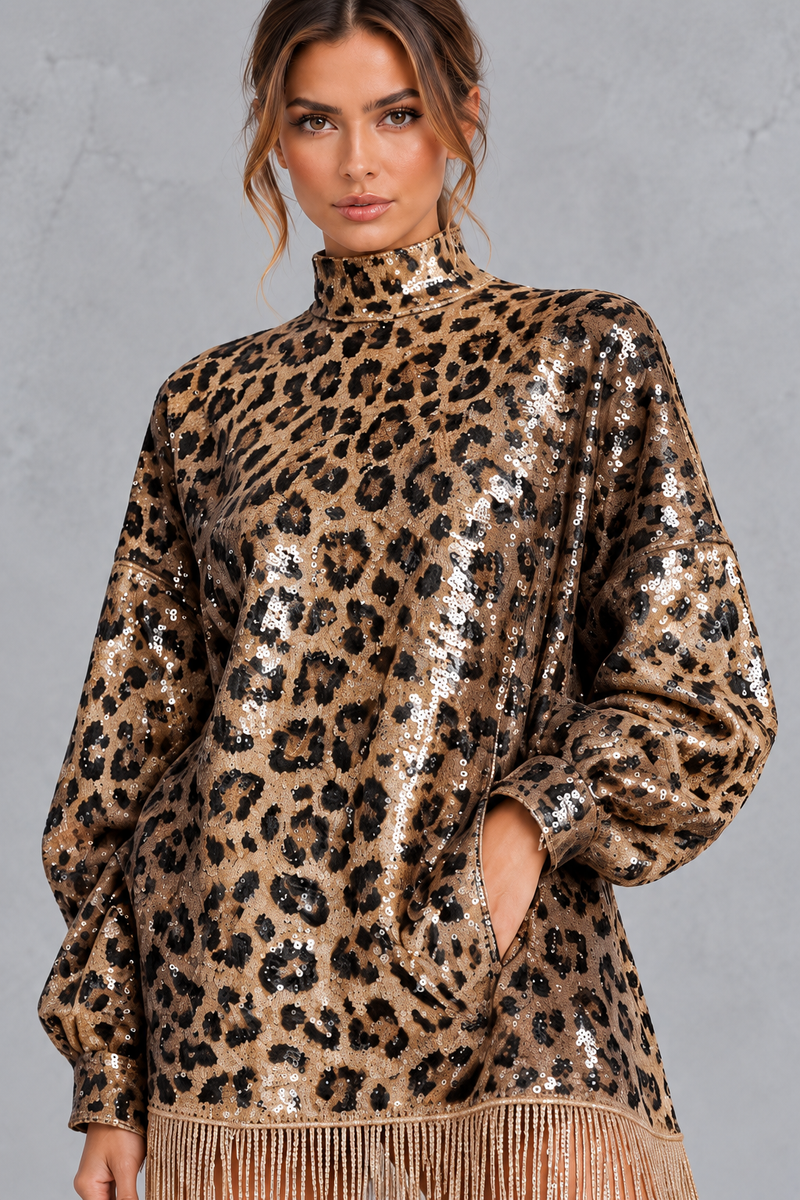 Women’s leopard sequin tassel mini dress with sparkling embellishment and fringed hem – image 3