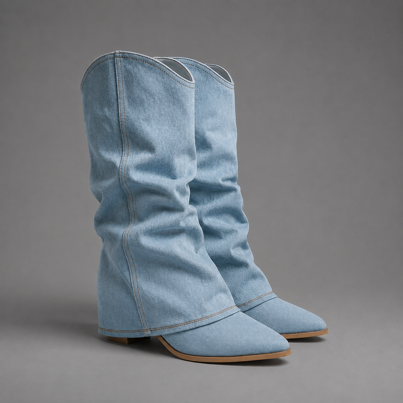 Women’s light blue denim knee-high boots with ruched shafts, pointed toes and square block heels.