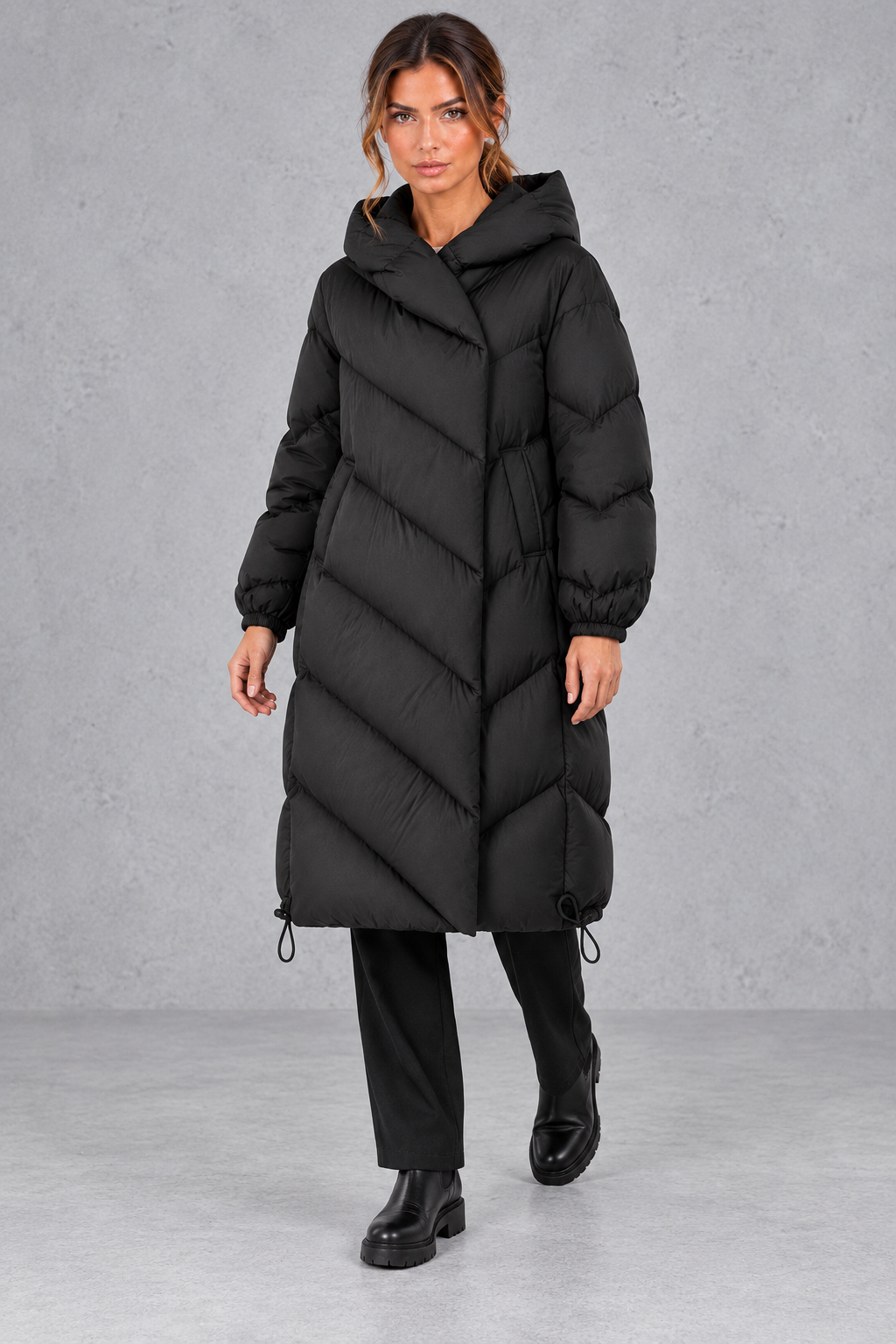 Women's Long Down Coat in Black – front view