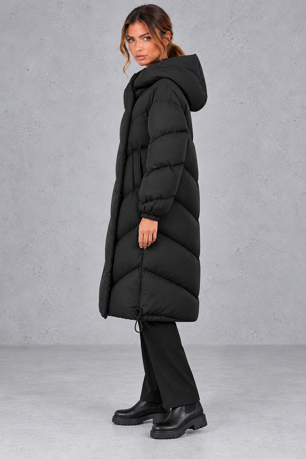 Women's Long Down Coat in Black – side view