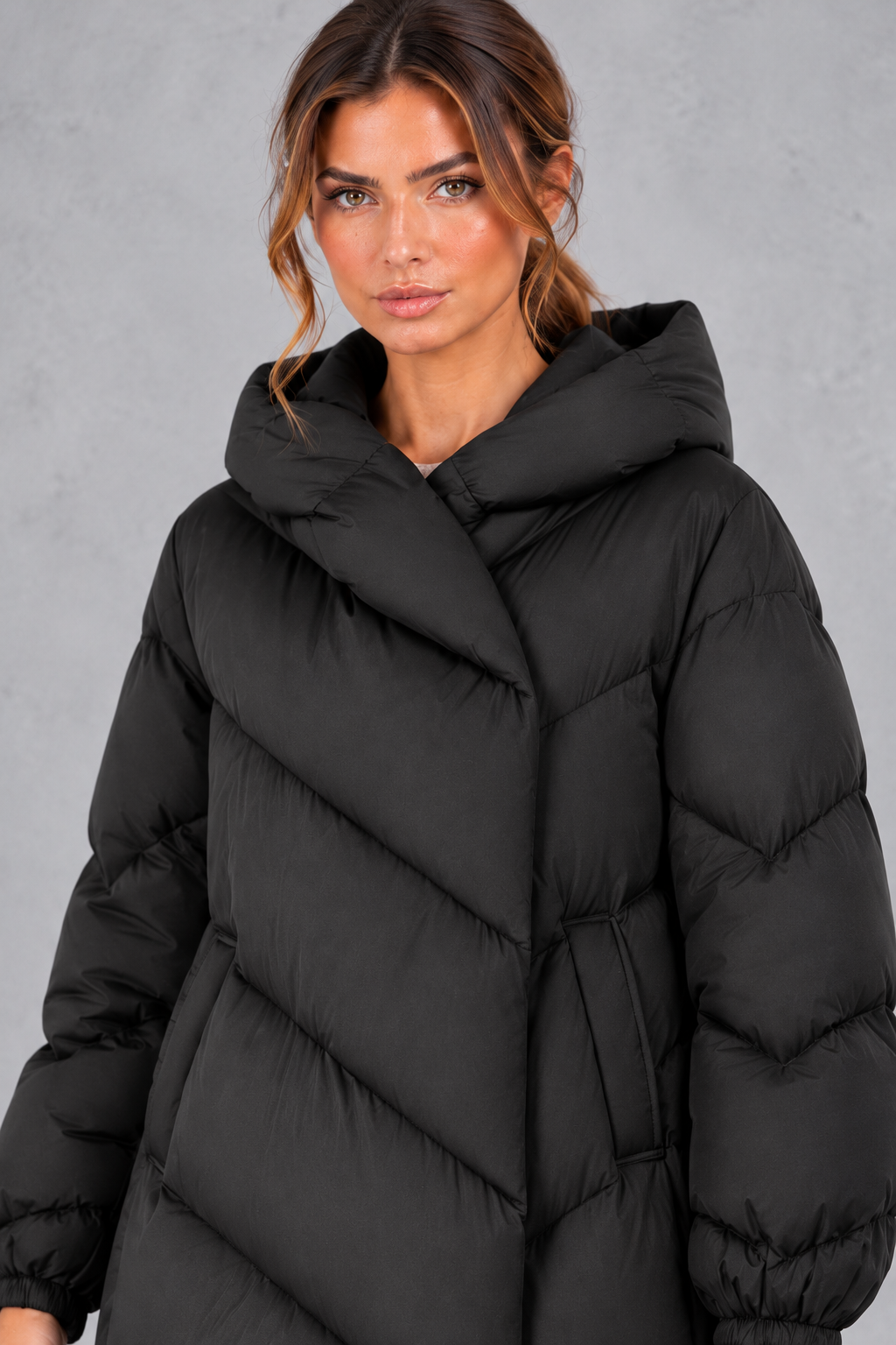 Women's Long Down Coat in Black – close-up