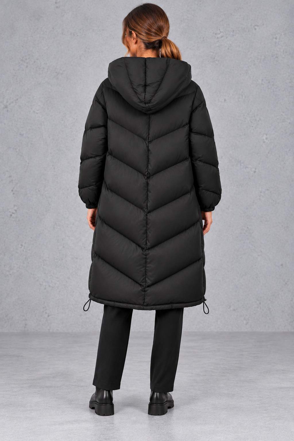 Women's Long Down Coat in Black – back view