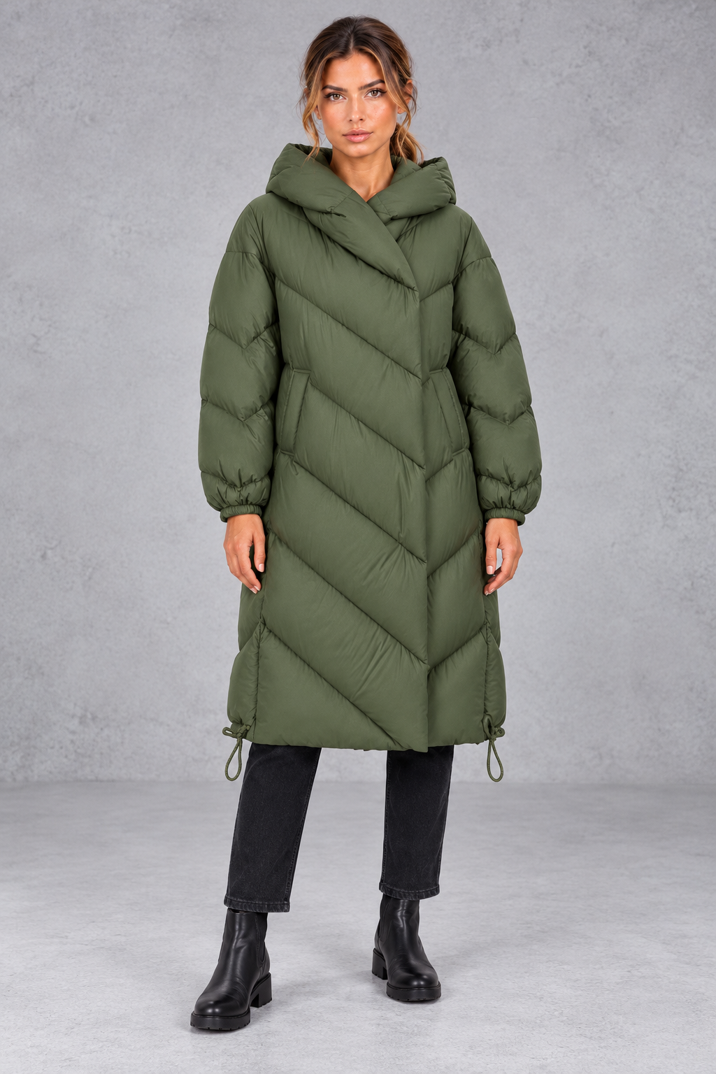 Women's Long Down Coat in Green – front view