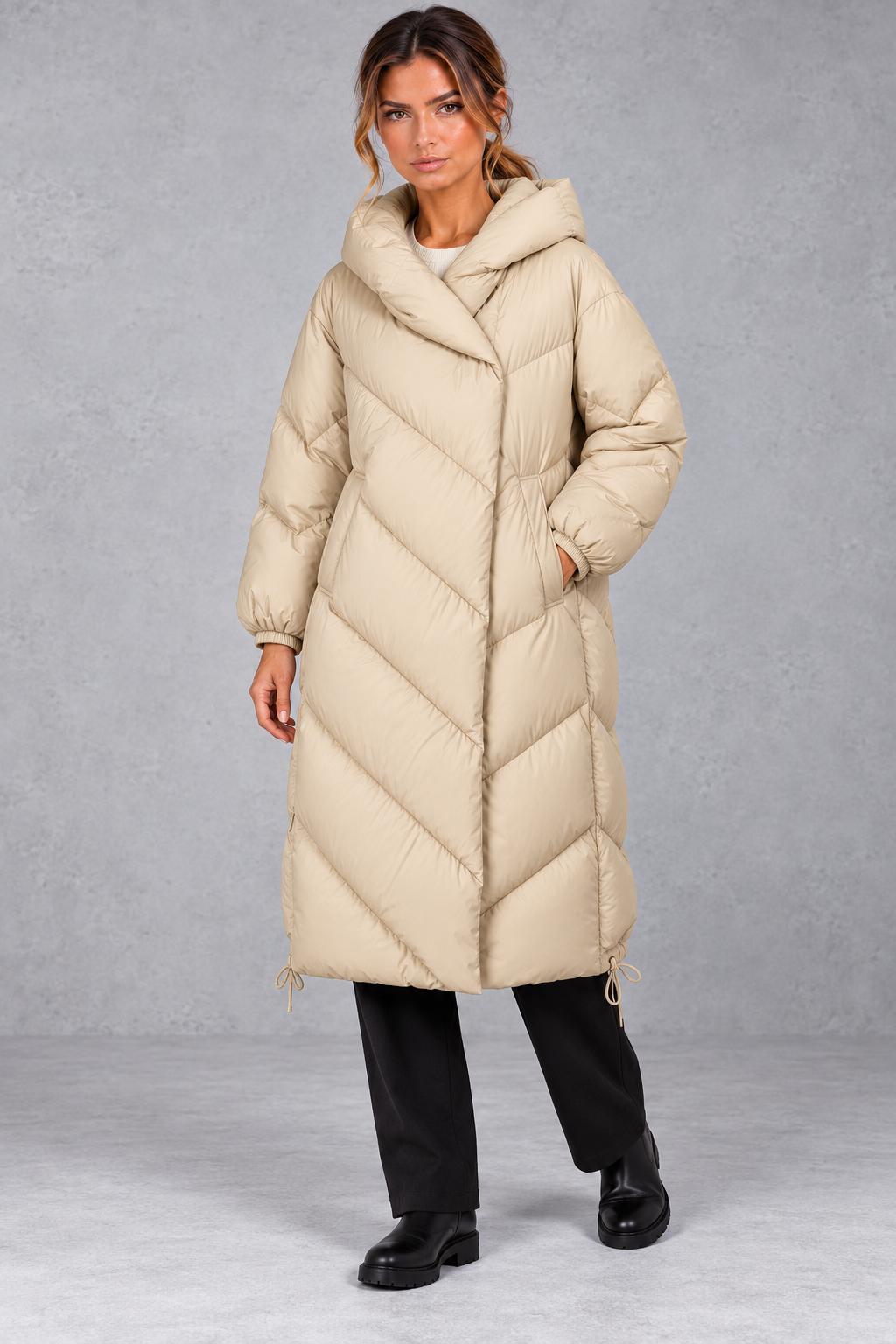 Women's Long Down Coat in Beige – front view