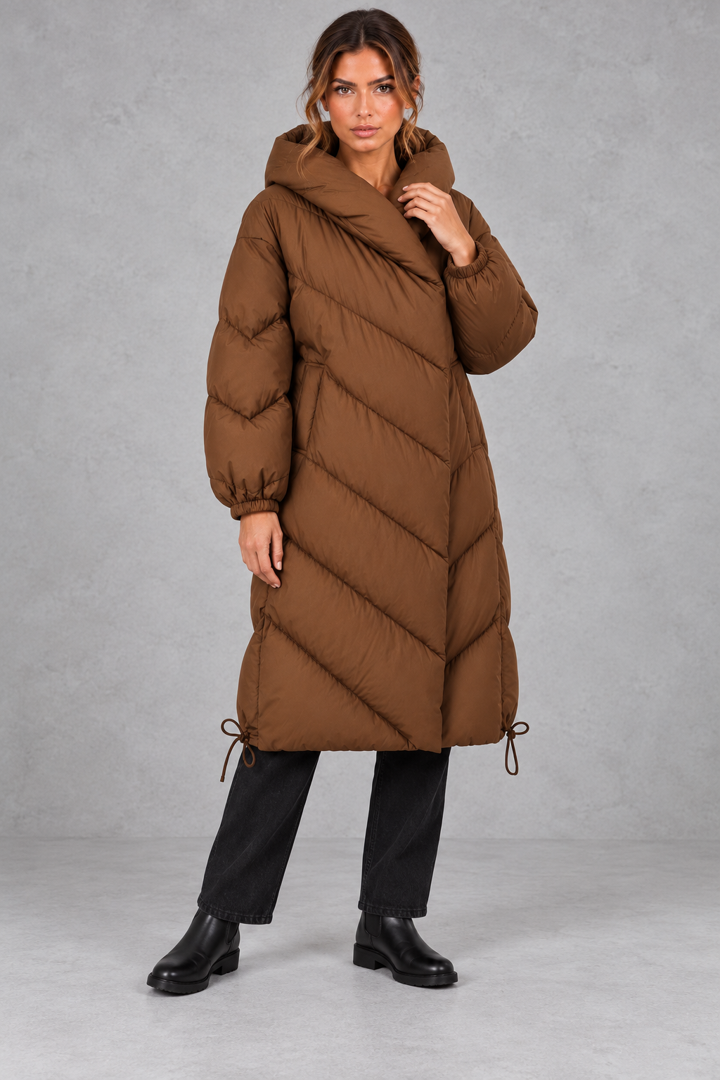 Women's Long Down Coat in Brown – front view