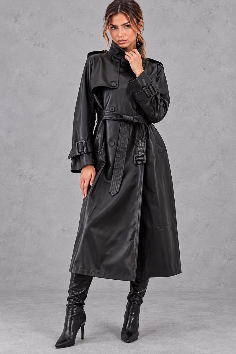 Women's Faux Leather Trench Coat – Black