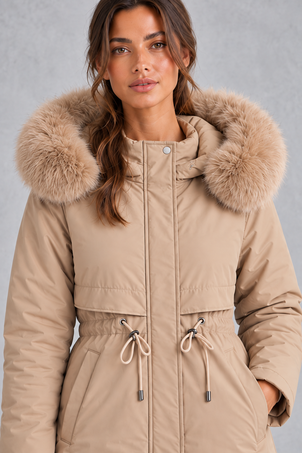 Women’s long hooded winter parka with faux fur trim, a plush-lined interior, adjustable drawstring waist and relaxed silhouette.