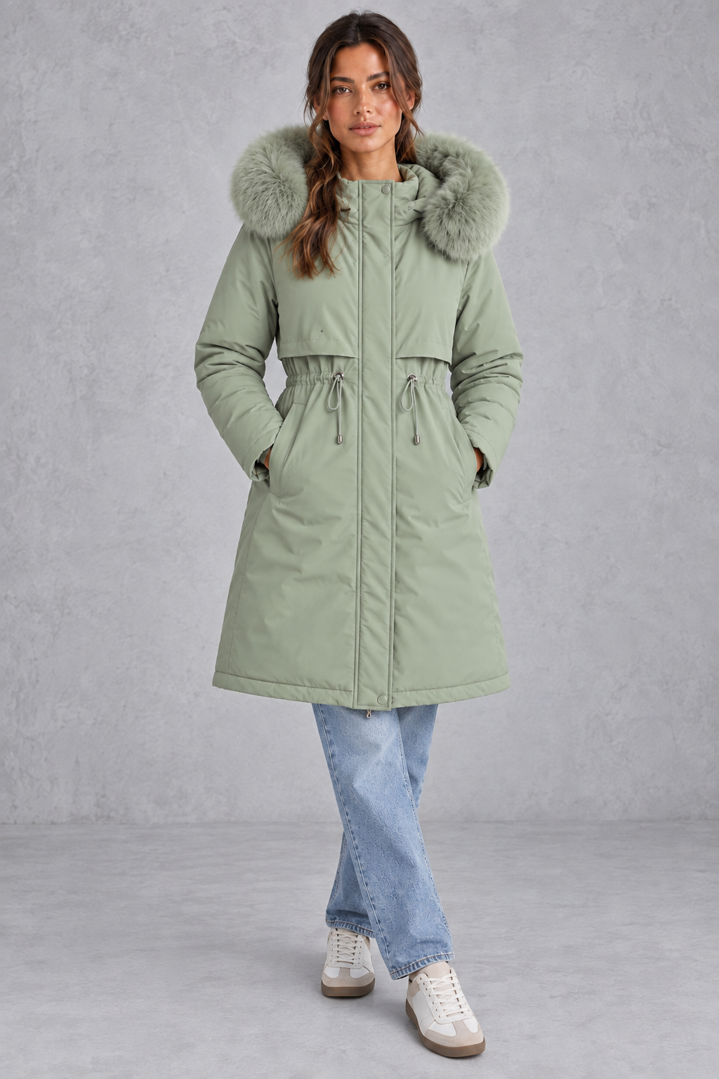 Women’s long hooded winter parka with faux fur trim, a plush-lined interior, adjustable drawstring waist and relaxed silhouette.