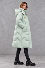 Women's long hooded puffer coat in Mint Green – side view