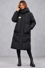 Women's long hooded puffer coat in Black – front view
