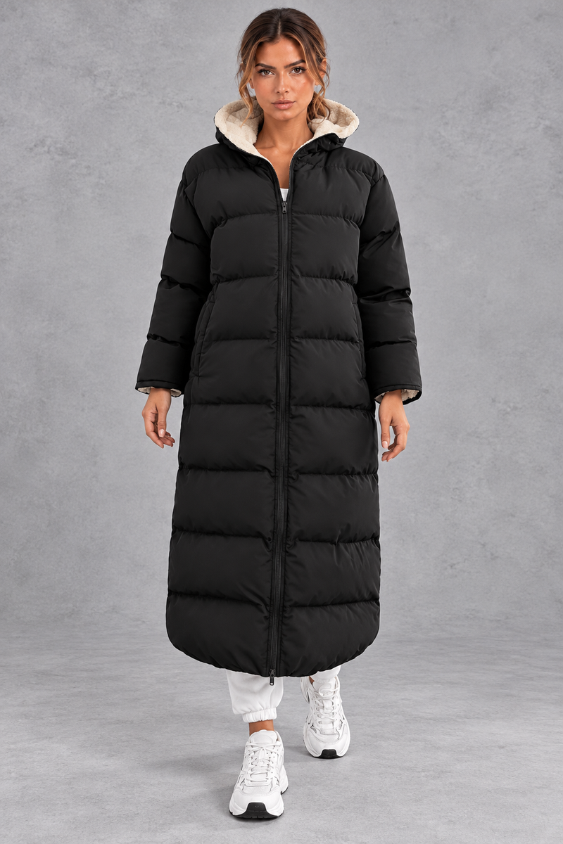 Women's long hooded puffer coat in Black – front view