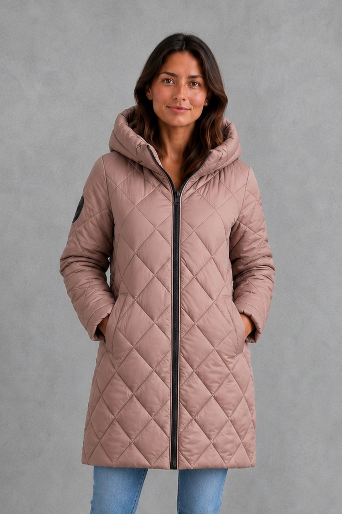 Women’s long quilted winter coat with lightweight thermal padding, protective hood, high collar and an elegant longline silhouette.
