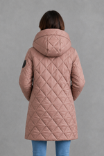 Women’s long quilted winter coat with lightweight thermal padding, protective hood, high collar and an elegant longline silhouette.