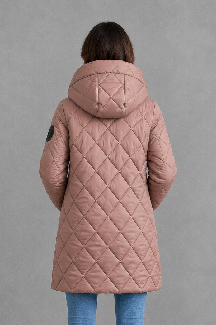 Women’s long quilted winter coat with lightweight thermal padding, protective hood, high collar and an elegant longline silhouette.