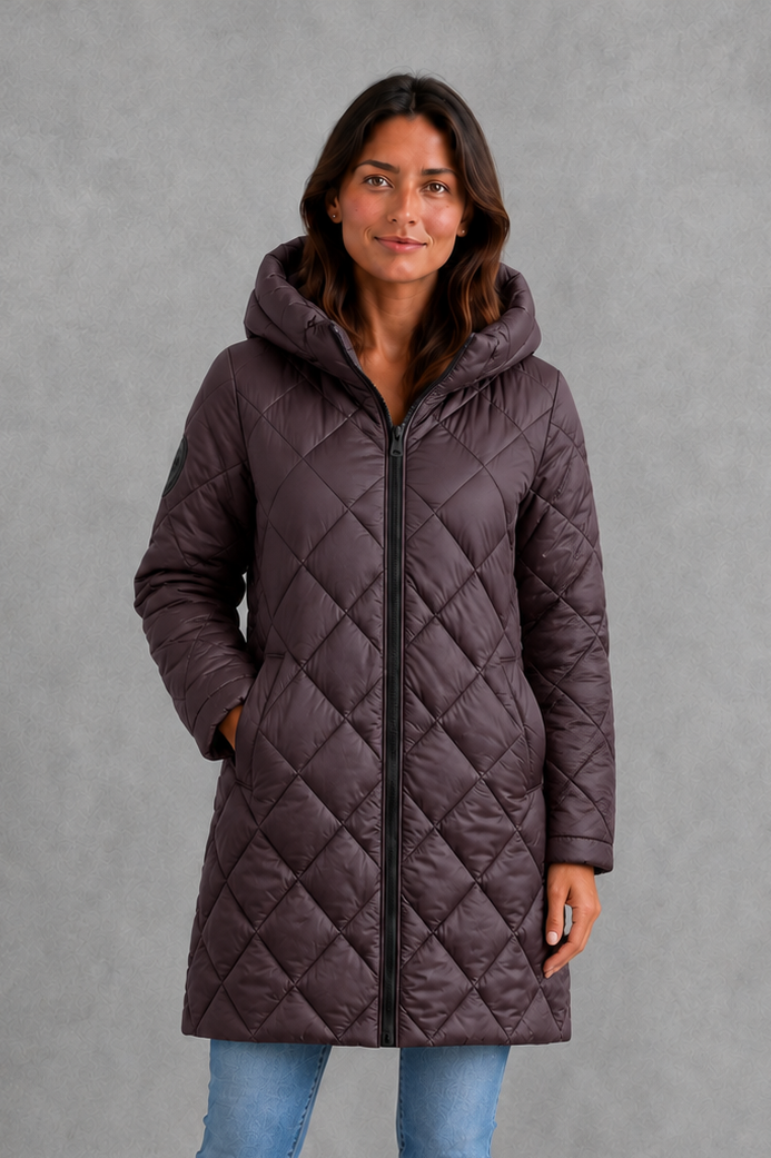 Women’s long quilted winter coat with lightweight thermal padding, protective hood, high collar and an elegant longline silhouette.
