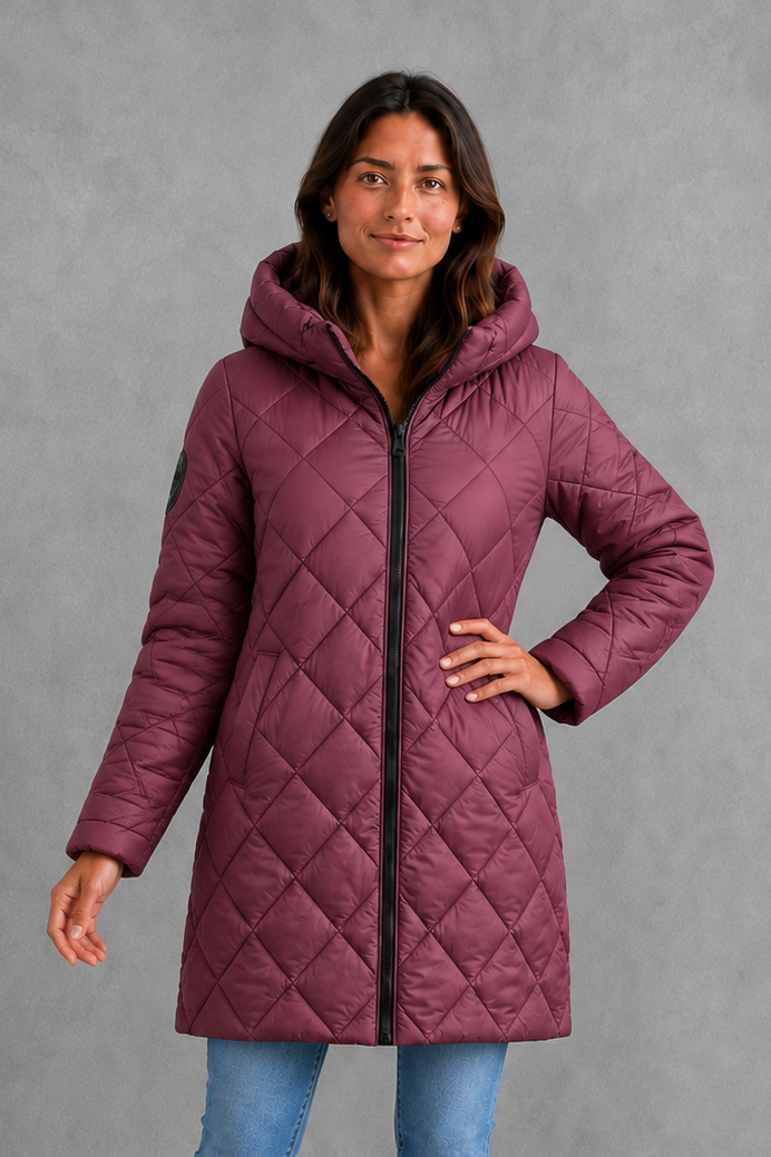 Women’s long quilted winter coat with lightweight thermal padding, protective hood, high collar and an elegant longline silhouette.
