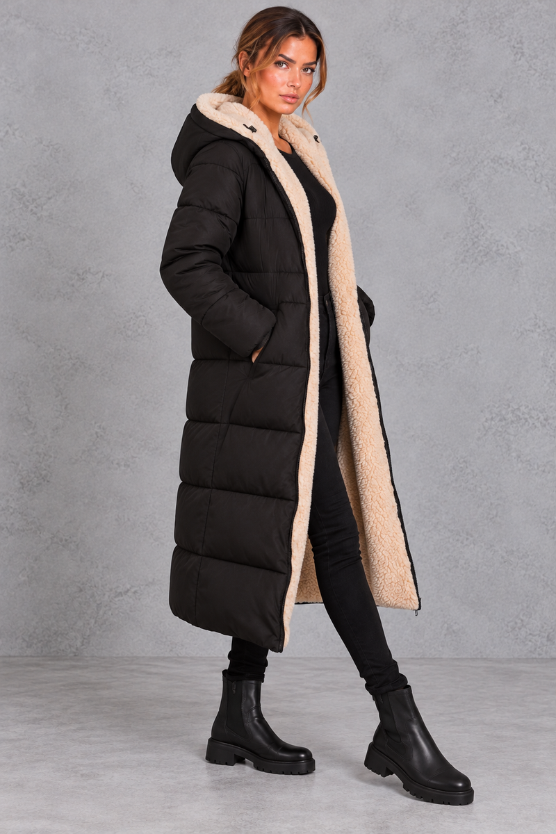 Women's Longline Sherpa-Lined Puffer Coat – Black