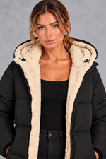 Women's Longline Sherpa-Lined Puffer Coat – Black