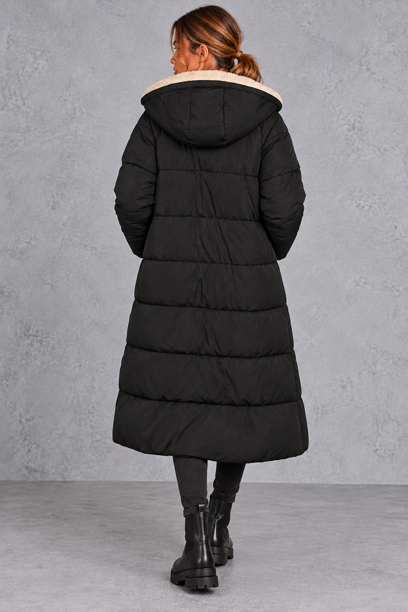 Women's Longline Sherpa-Lined Puffer Coat – Black