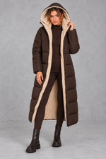 Women's Longline Sherpa-Lined Puffer Coat – Dark Brown
