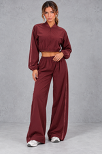 Women's cherry cropped zip-up jacket and wide leg trouser fitness set – front view