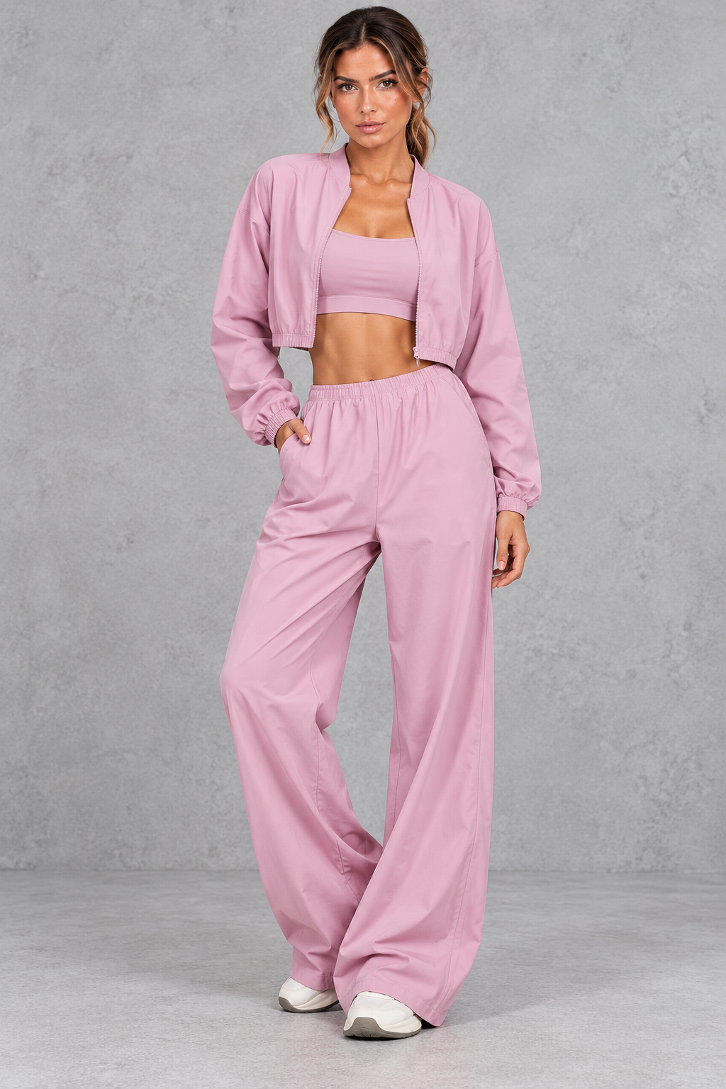Women's lilac cropped zip-up jacket and wide leg trouser fitness set – front view