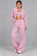 Women's lilac cropped zip-up jacket and wide leg trouser fitness set – front view