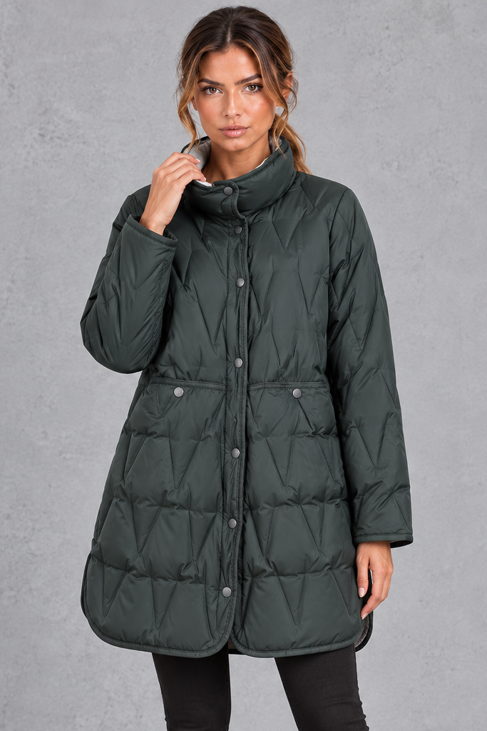 Women's longline quilted down coat in Dark Green – front view