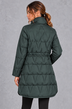 Women's longline quilted down coat in Dark Green – back view