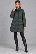 Women's longline quilted down coat in Dark Green – full-length view