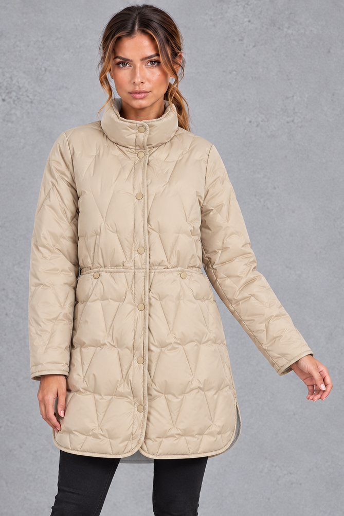Women's longline quilted down coat in Beige – front view