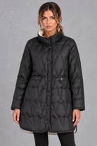 Women's longline quilted down coat in Black – front view
