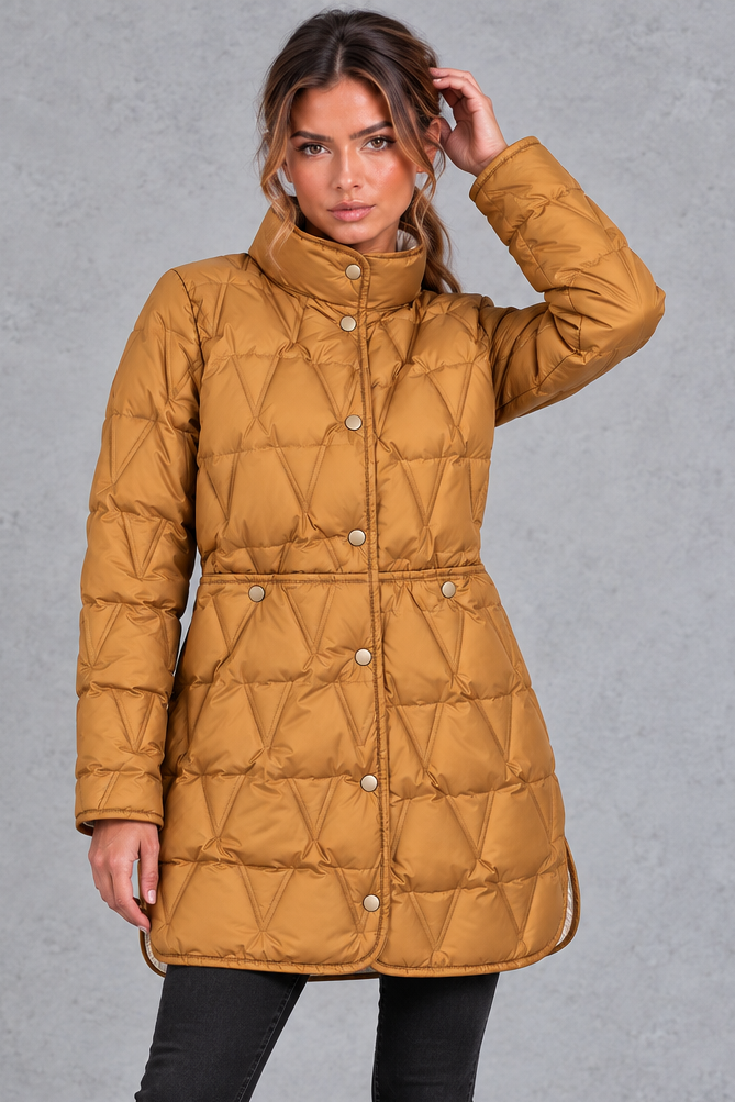 Women's longline quilted down coat in Brown – front view