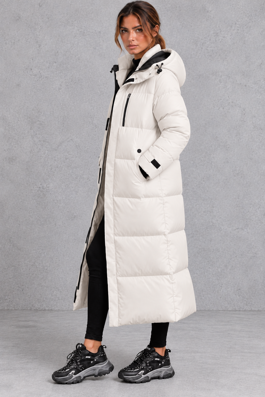 Women's Longline Hooded Puffer Coat – Off-White