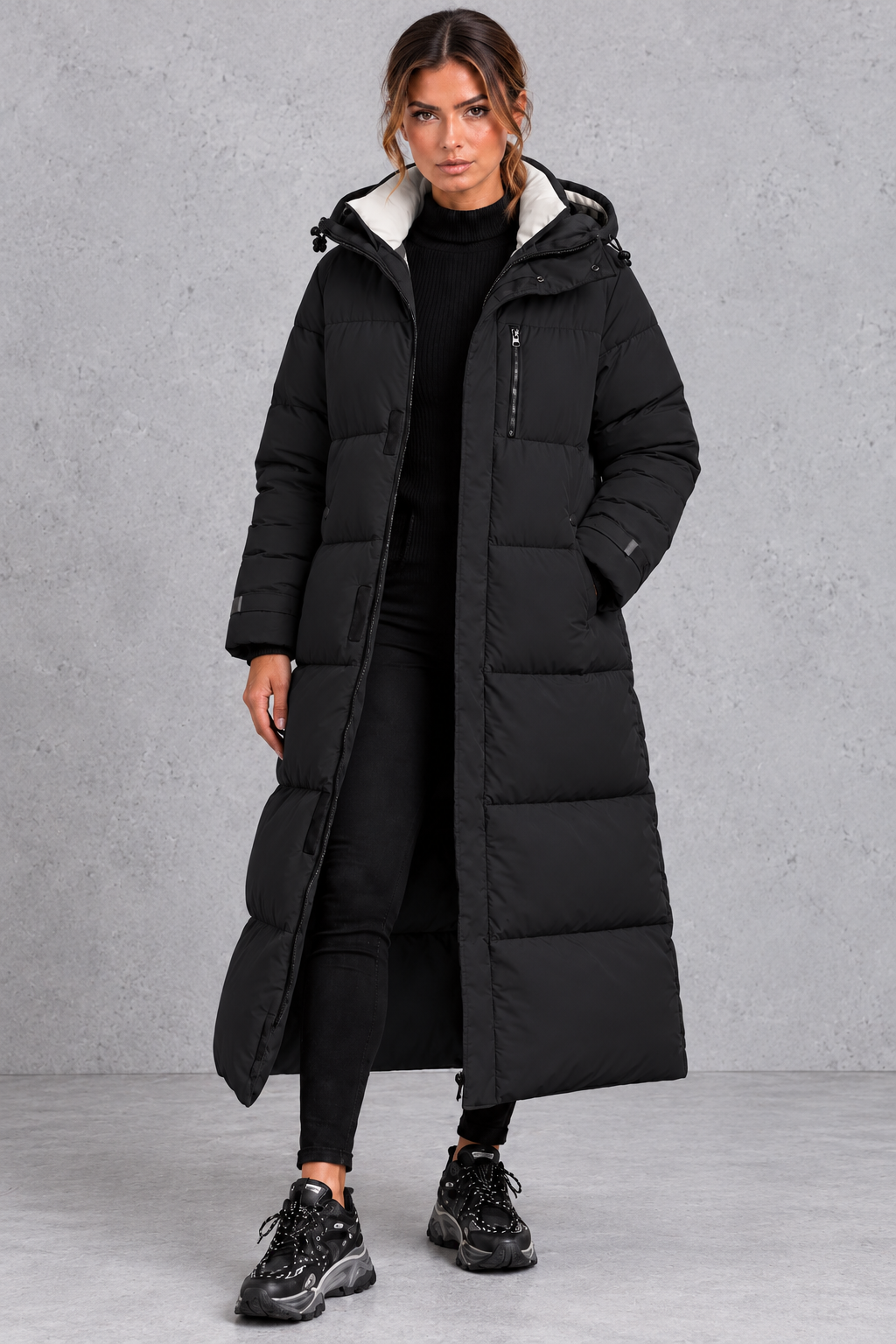 Women's Longline Hooded Puffer Coat – Black