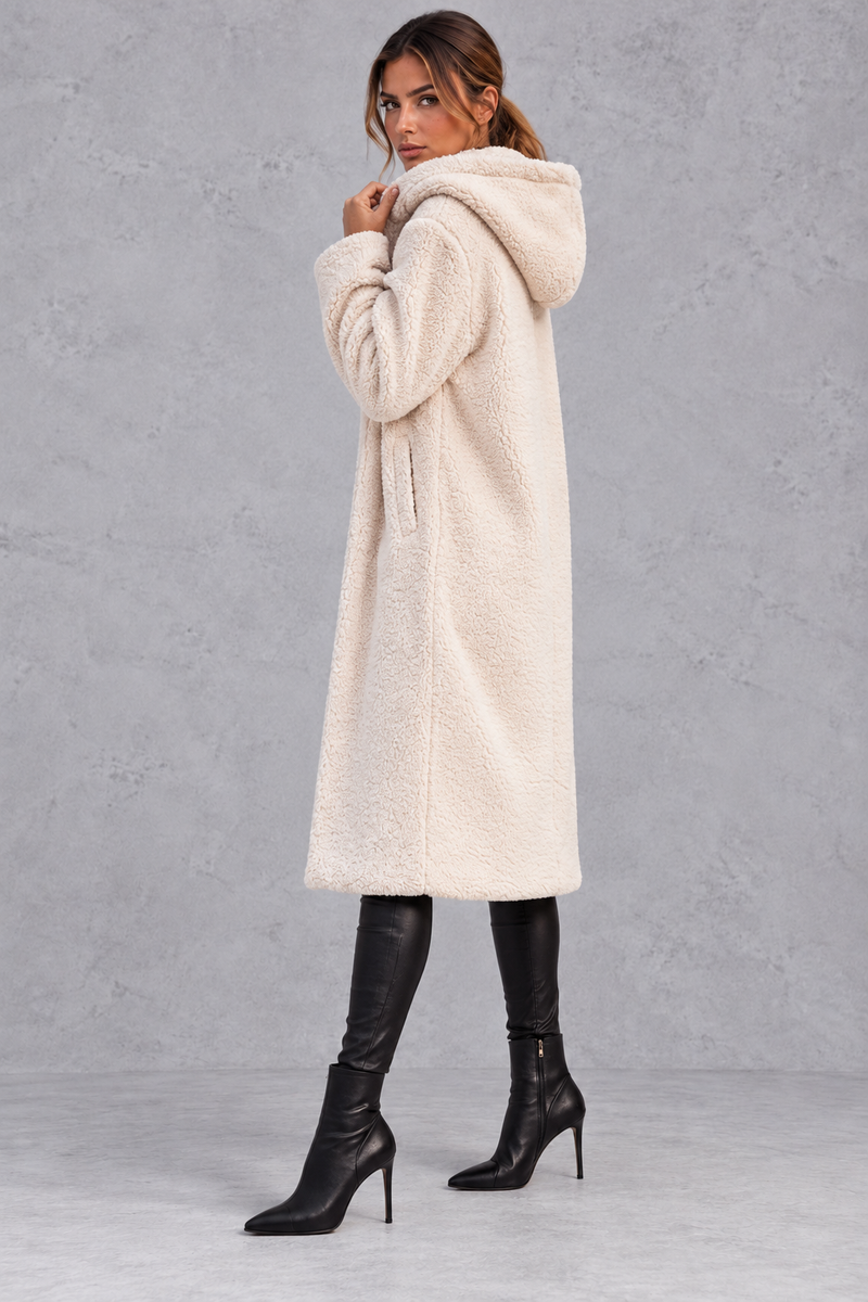 Women's Hooded Longline Teddy Coat – Cream