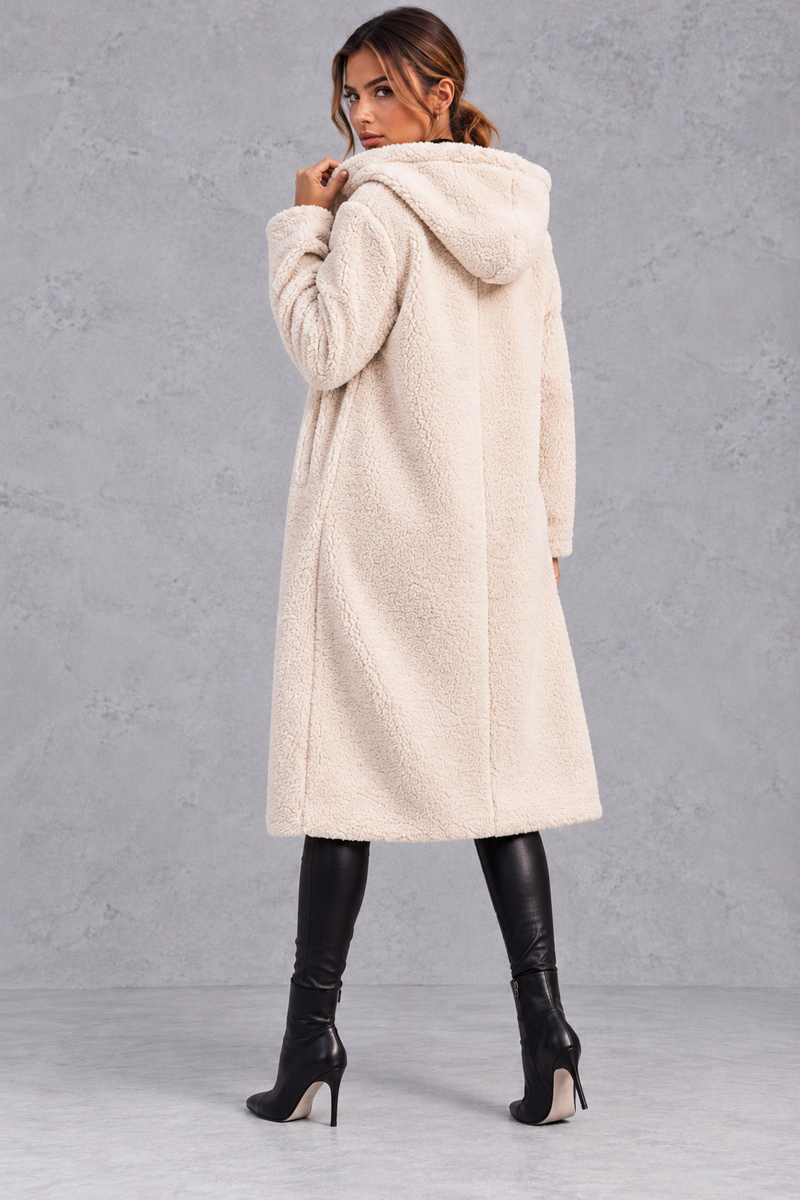 Women's Hooded Longline Teddy Coat – Cream