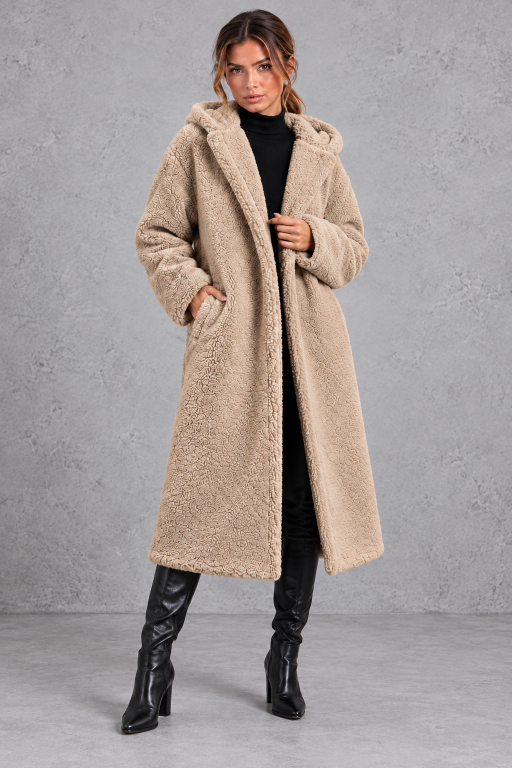 Women's Hooded Longline Teddy Coat – Beige