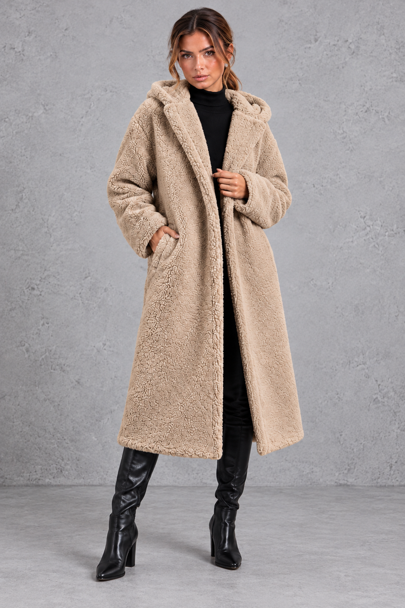 Women's Hooded Longline Teddy Coat – Beige