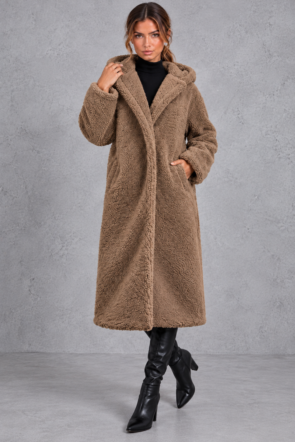 Women's Hooded Longline Teddy Coat – Camel