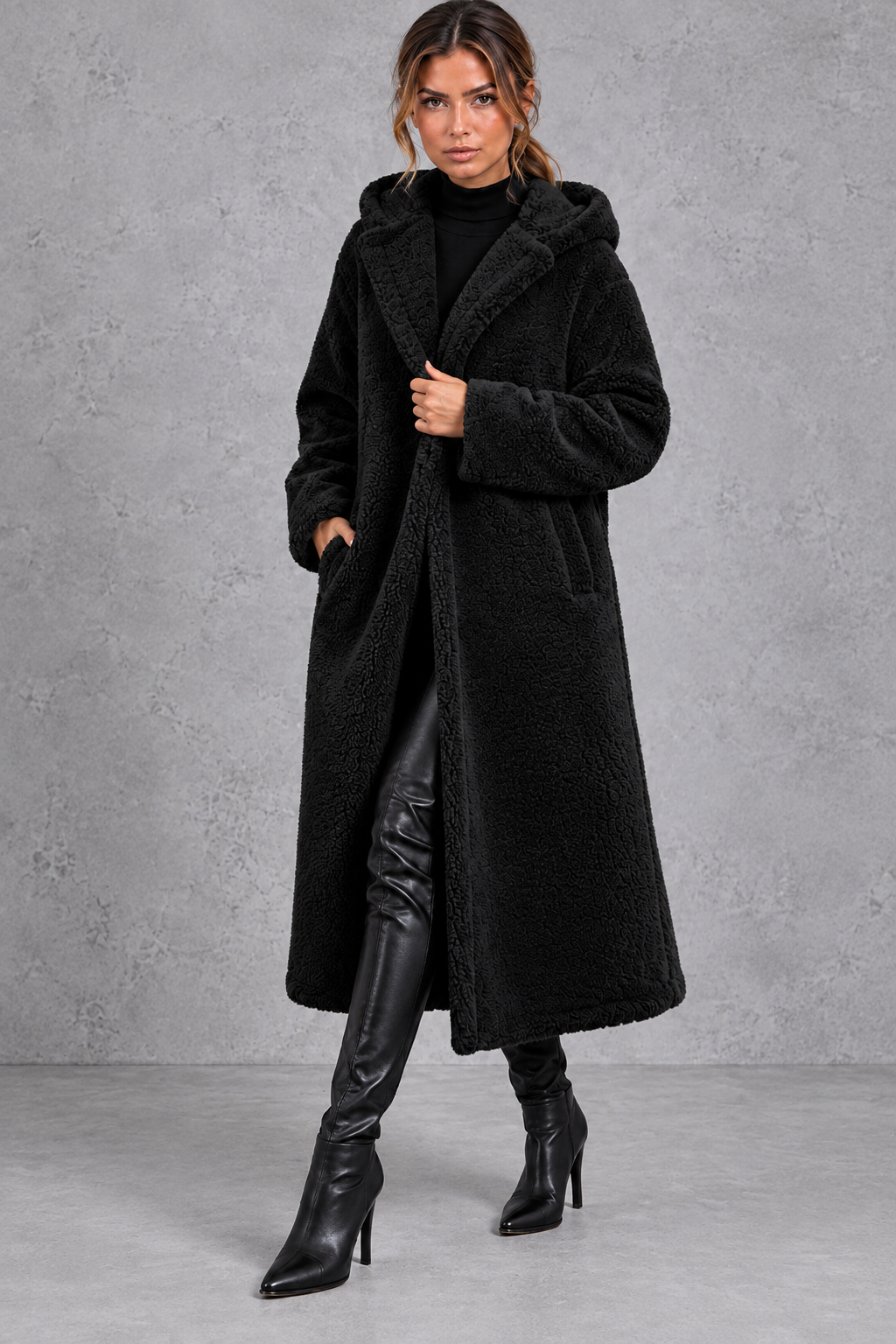 Women's Hooded Longline Teddy Coat – Black