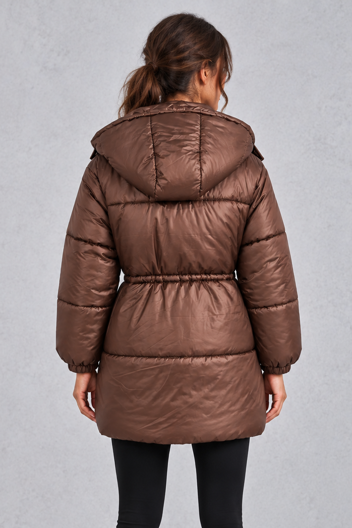 Women’s longline hooded puffer coat with quilted padding, a high neckline, adjustable drawstring waist and practical side pockets.