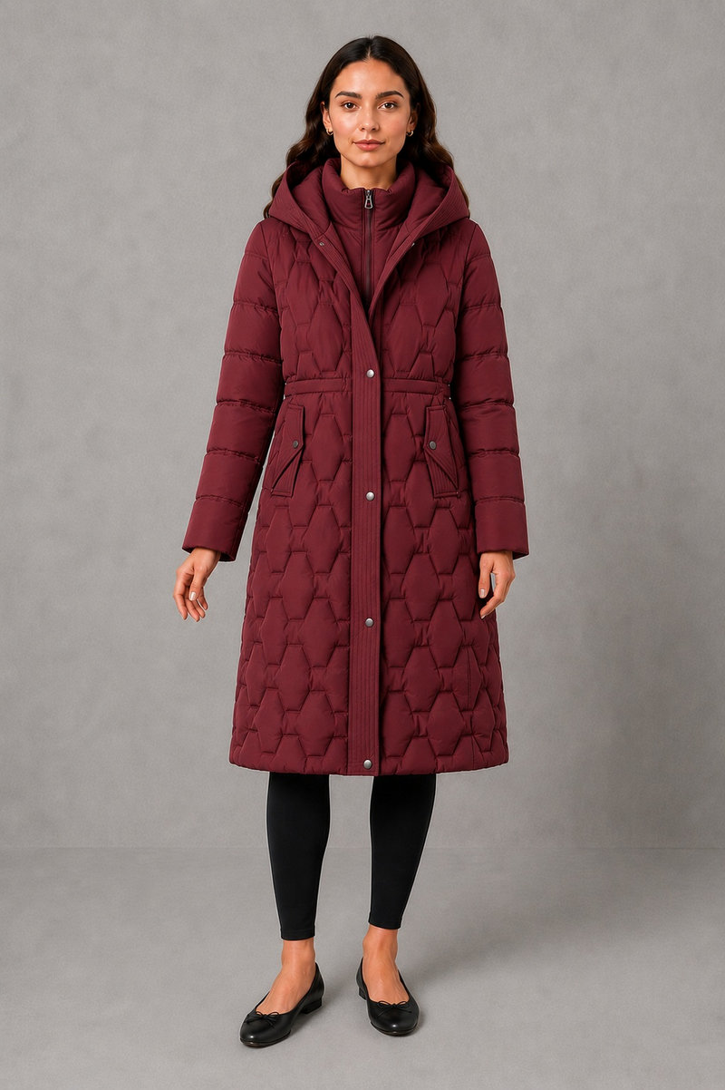 Women’s longline hooded puffer coat with insulated padding, waterproof and windproof protection, practical pockets and extended winter coverage.