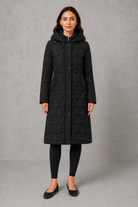 Women’s longline hooded puffer coat with insulated padding, waterproof and windproof protection, practical pockets and extended winter coverage.