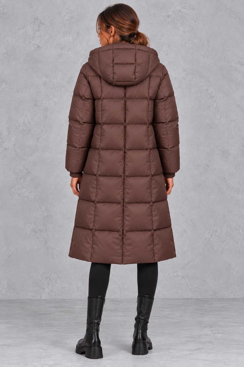 Women’s longline hooded puffer winter coat with streamlined quilting, a high neckline, full zip front and practical side pockets.